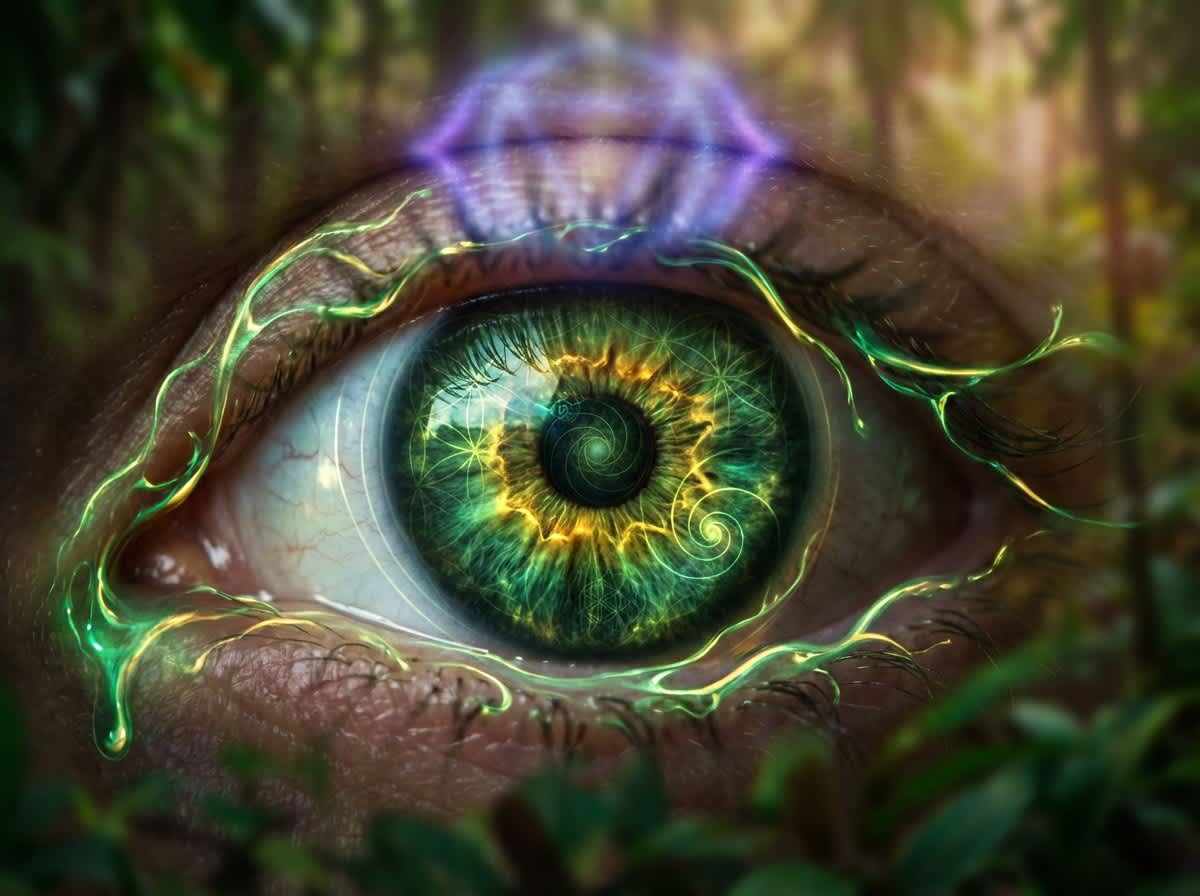 Umělecká ilustrace oka s motivy tropického pralesa