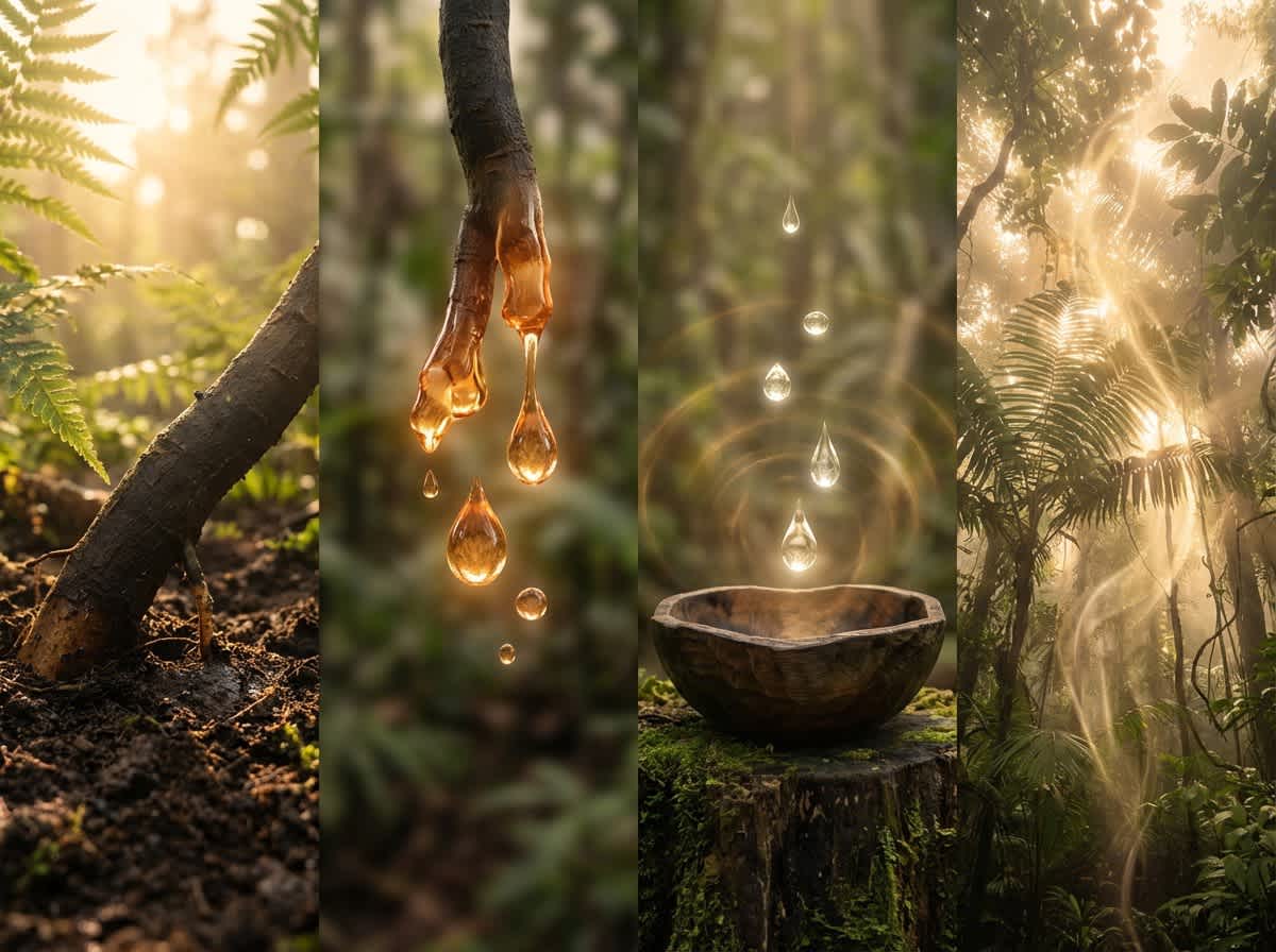Ilustrace kořene, tekutých kapek a amazonského pralesa